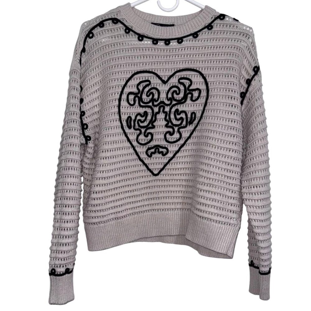 On Twelfth Womens Heart Pattern Knit Sweater M Acrylic/Wool Beige & Black
